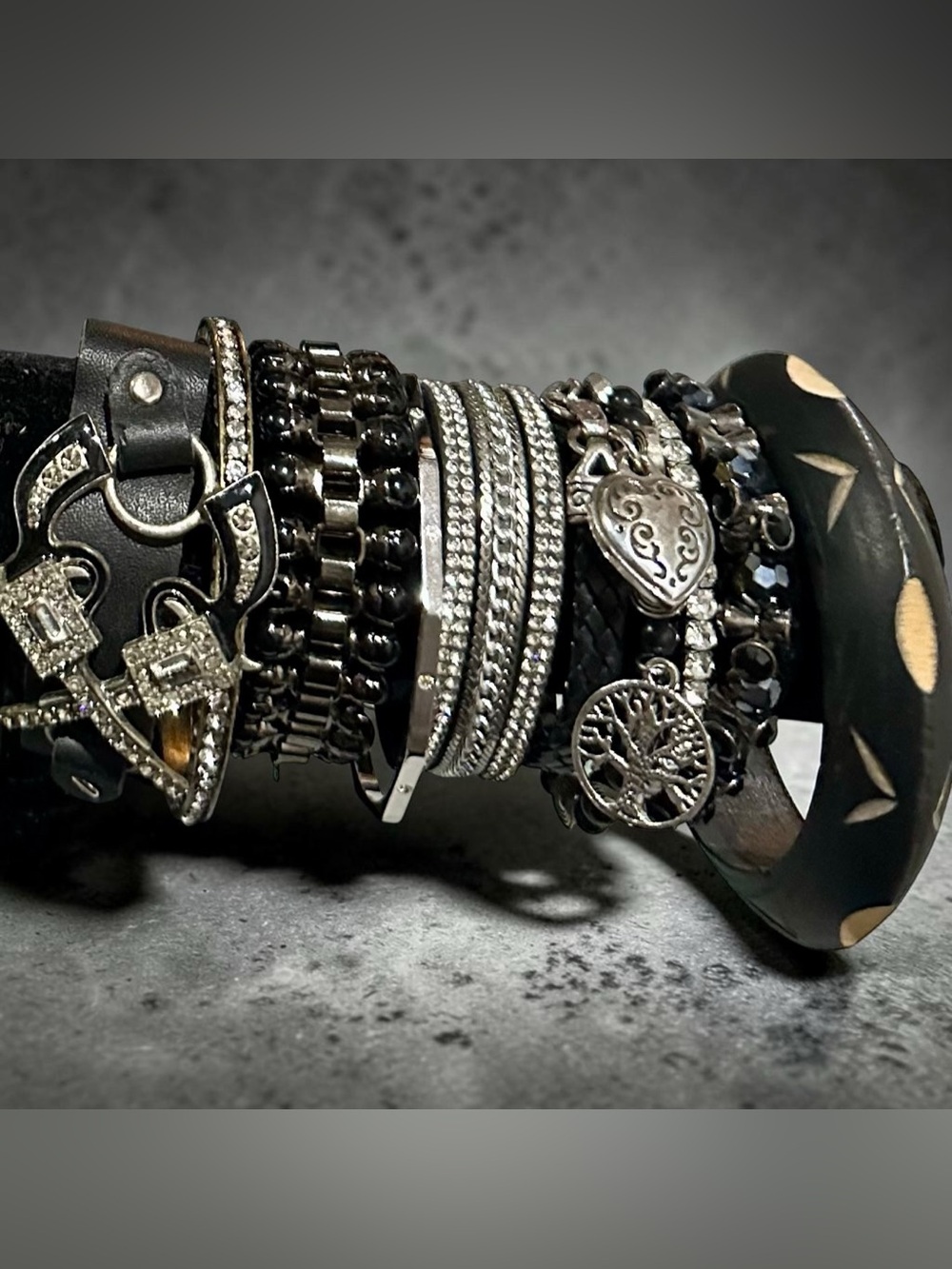 Custom Bracelet Stack Black Leather Silver Rhinestone Tree of Life Goth
